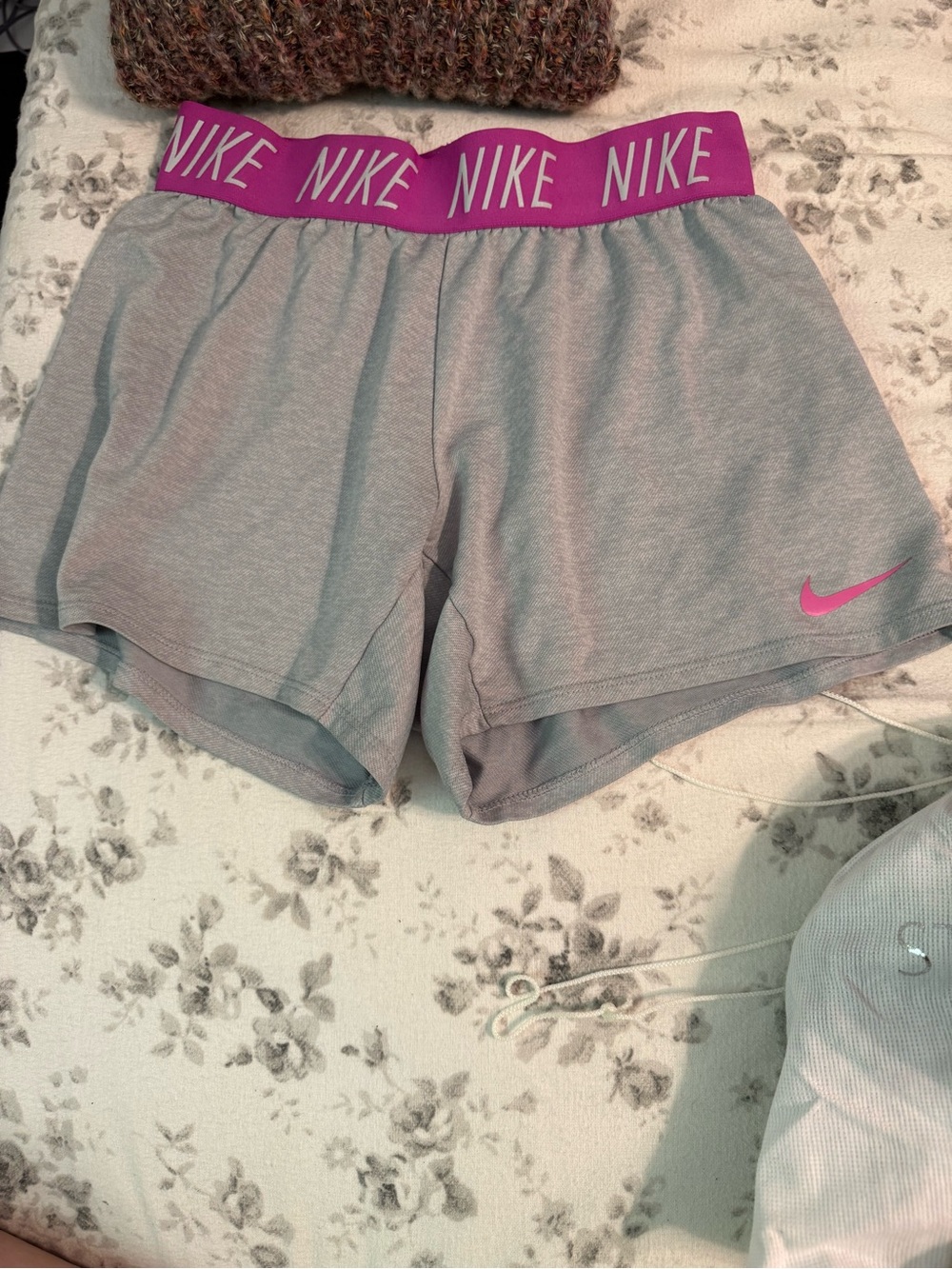 Nike Gray Athletic Shorts with Pink Waistband and Swoosh